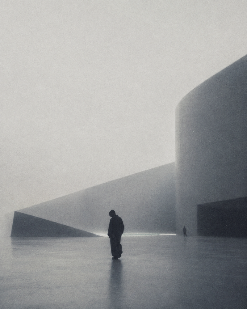 A lone figure in fog beside curved concrete architecture