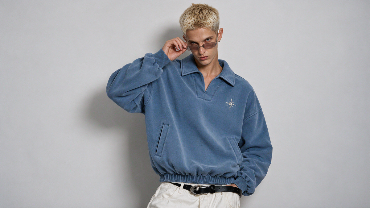 Model in the blue Parallax polo sweatshirt with star embroidery and white trousers, adjusting tinted glasses against a grey wall