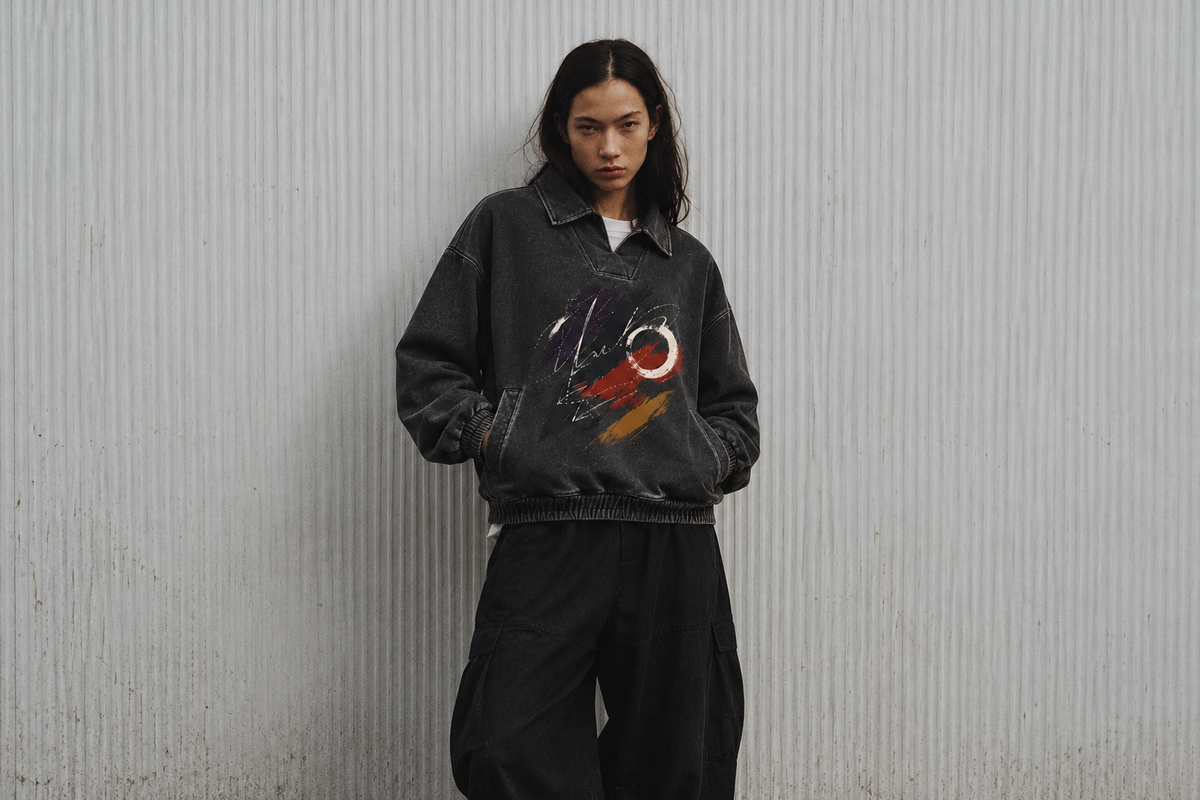 Model in a washed black printed collar sweatshirt and black wide trousers, standing against a corrugated silver wall