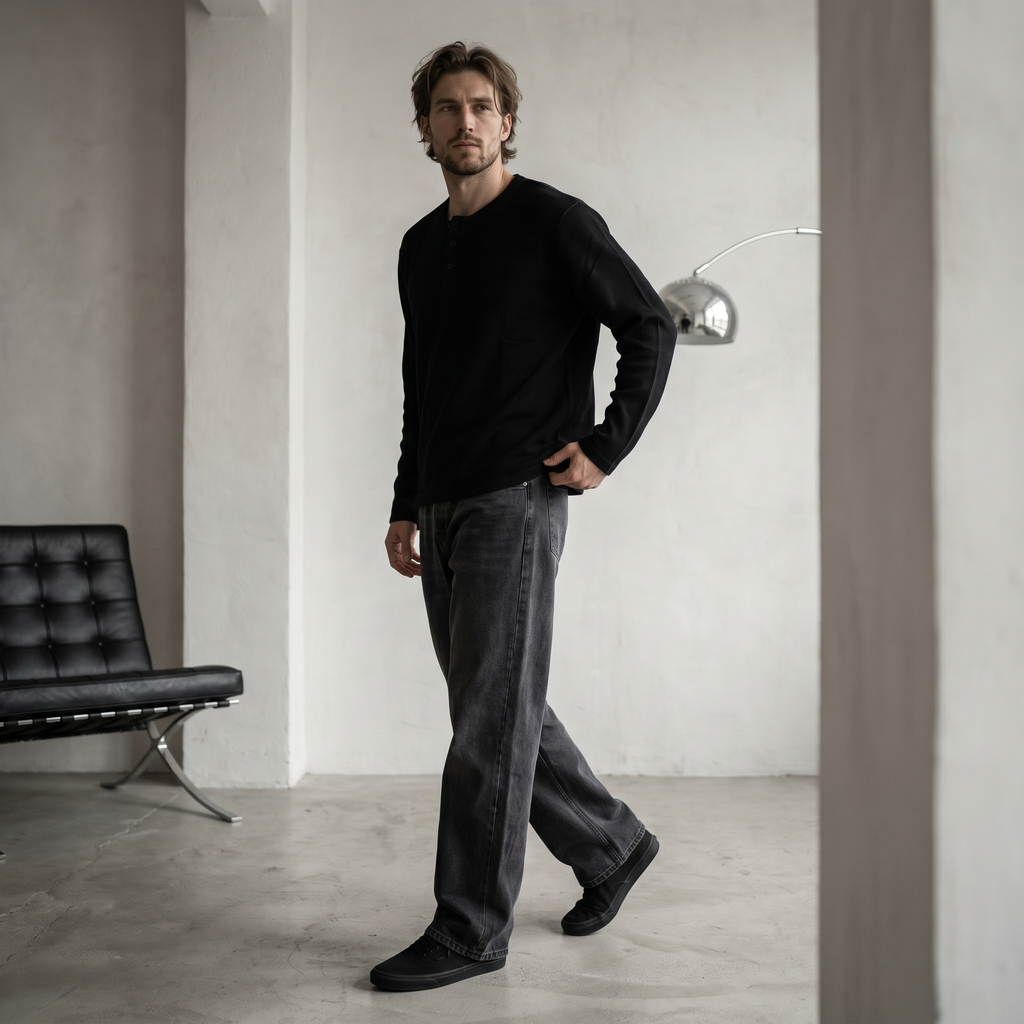 OFFSEN Waffle Henley --Black