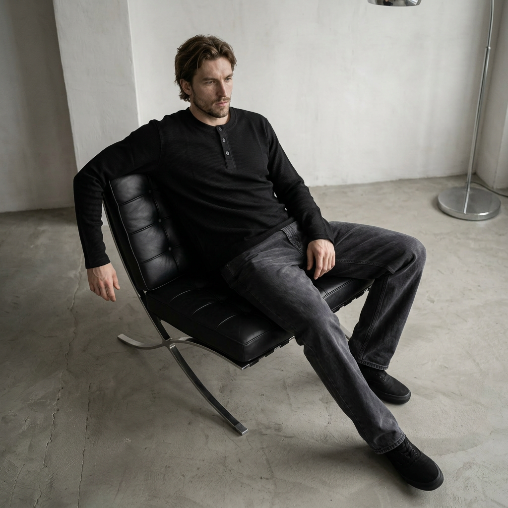OFFSEN Waffle Henley --Black