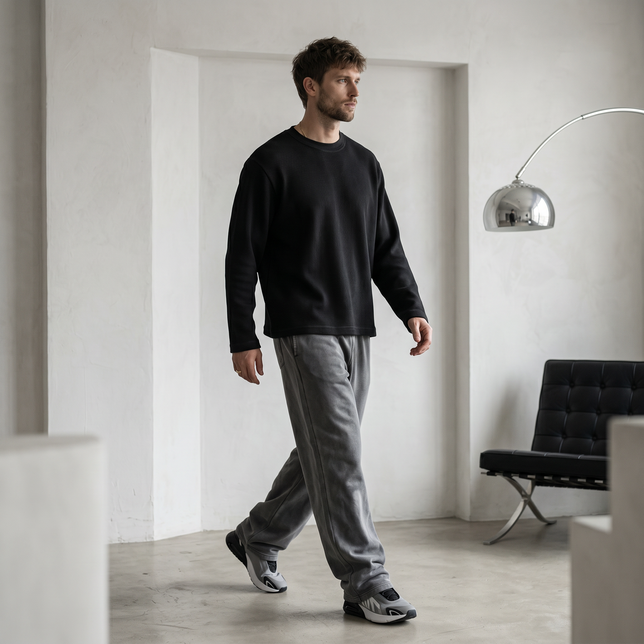 OFFSEN Black Waffle Knit Long Sleeve (Oversized Fit)