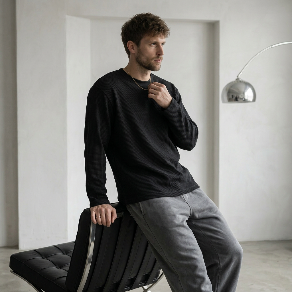 OFFSEN Black Waffle Knit Long Sleeve (Oversized Fit)