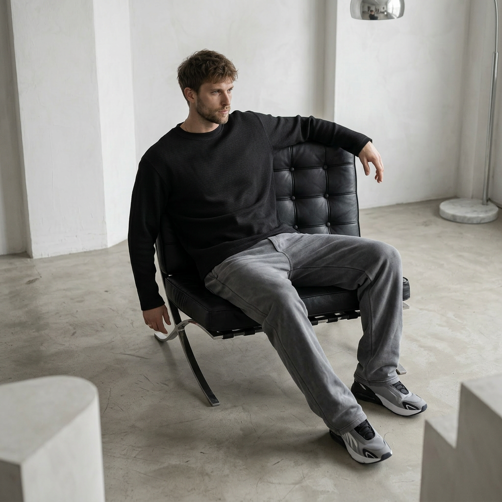 OFFSEN Black Waffle Knit Long Sleeve (Oversized Fit)