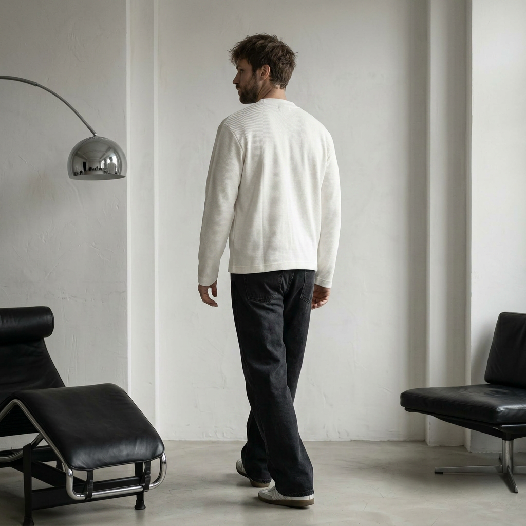 OFFSEN White Waffle Knit Long Sleeve (Oversized Fit)