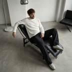 OFFSEN White Waffle Knit Long Sleeve (Oversized Fit)