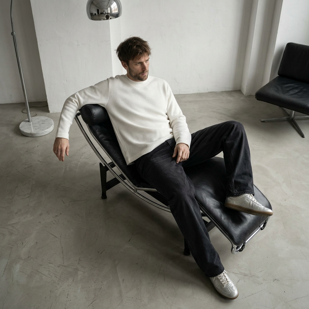 OFFSEN White Waffle Knit Long Sleeve (Oversized Fit)