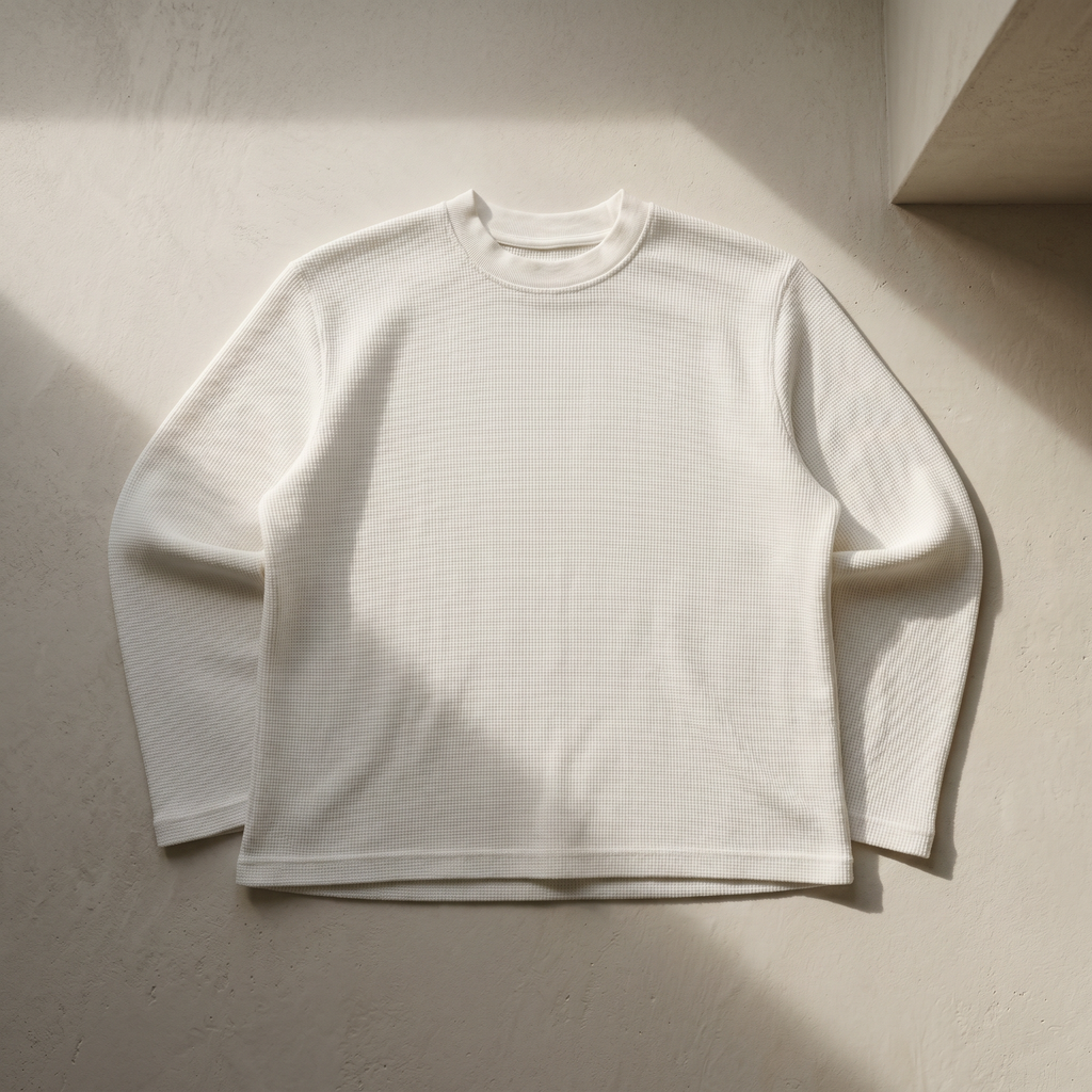 OFFSEN White Waffle Knit Long Sleeve (Oversized Fit)