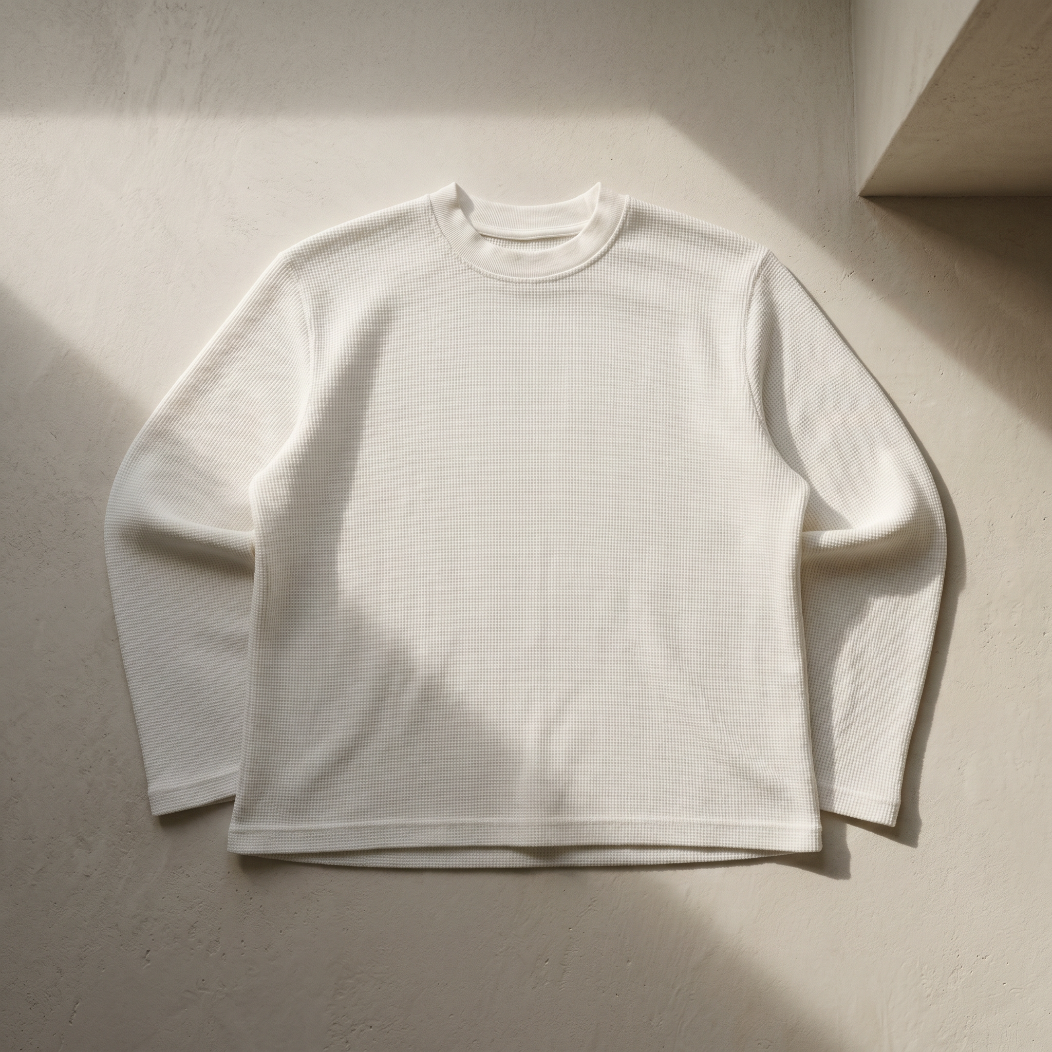 OFFSEN White Waffle Knit Long Sleeve (Oversized Fit)