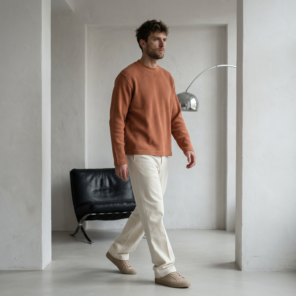 OFFSEN Brown Waffle Knit Long Sleeve (Oversized Fit)