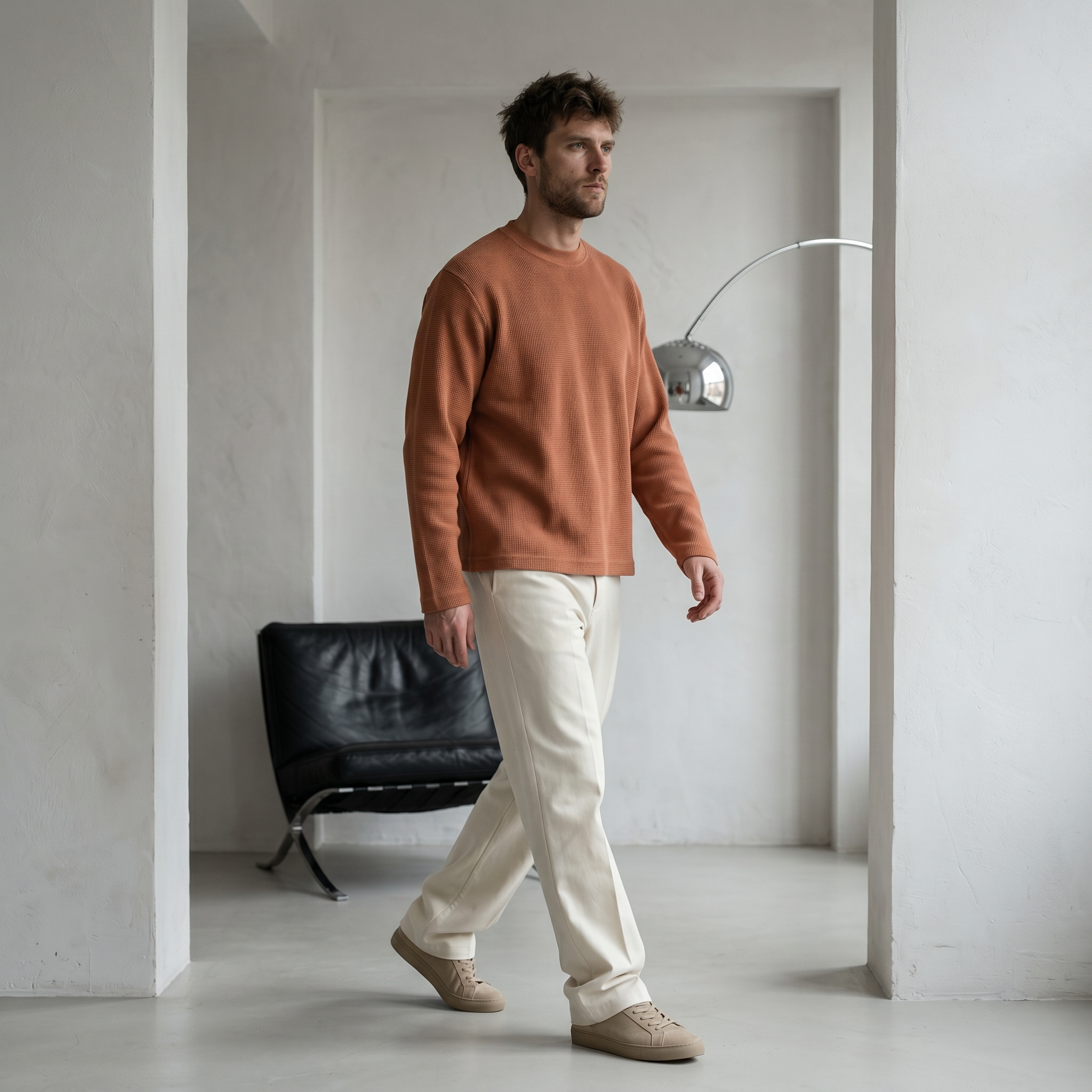 OFFSEN Brown Waffle Knit Long Sleeve (Oversized Fit)