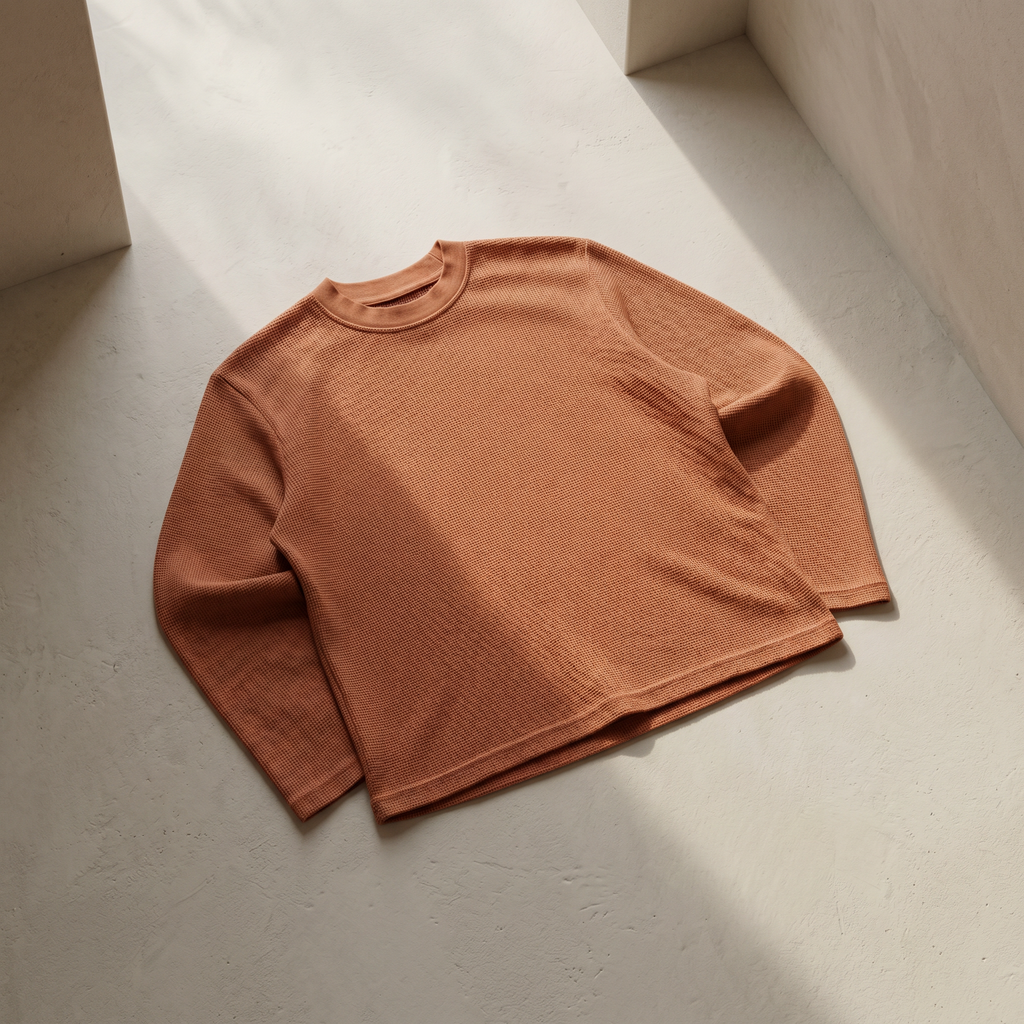 OFFSEN Brown Waffle Knit Long Sleeve (Oversized Fit)