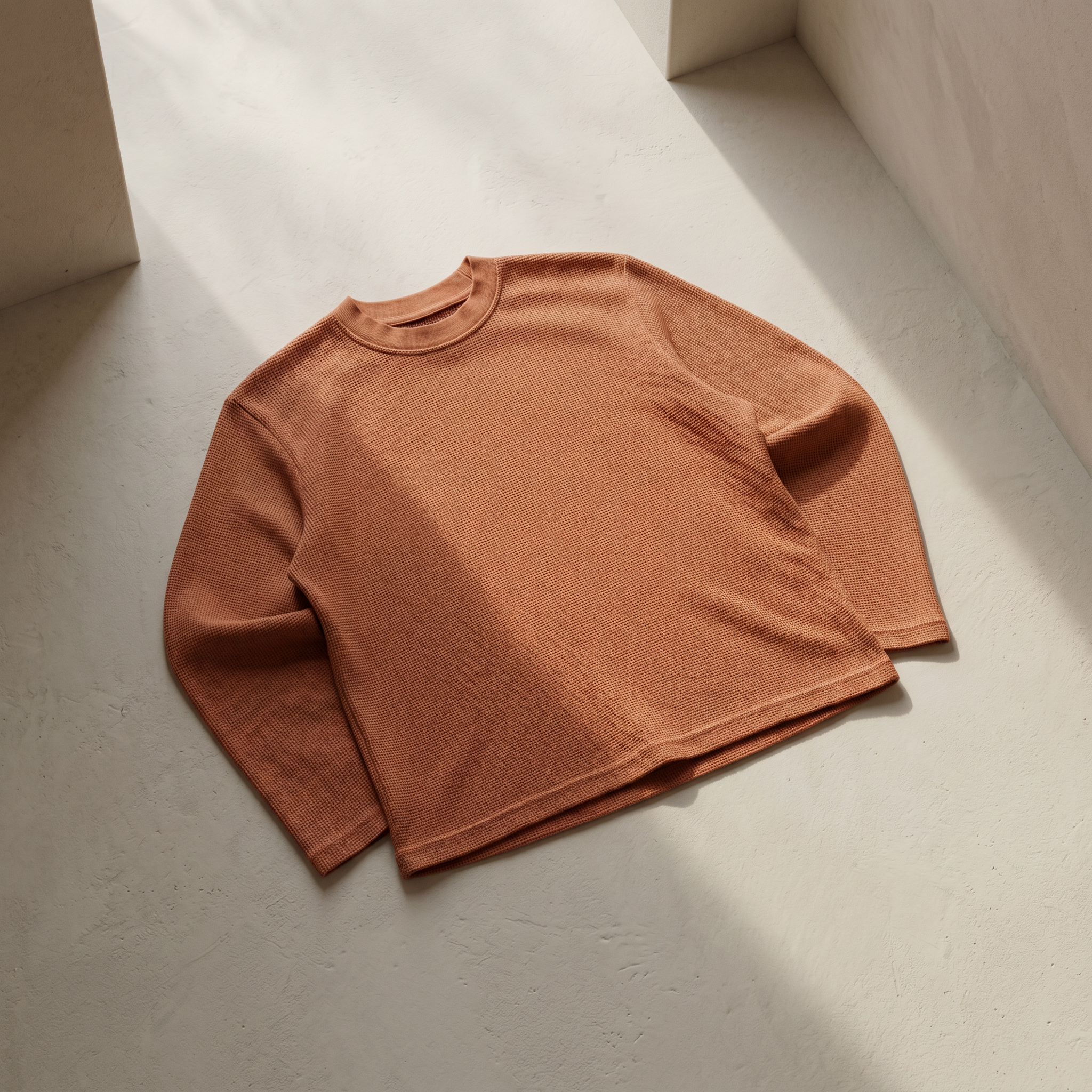 OFFSEN Brown Waffle Knit Long Sleeve (Oversized Fit)